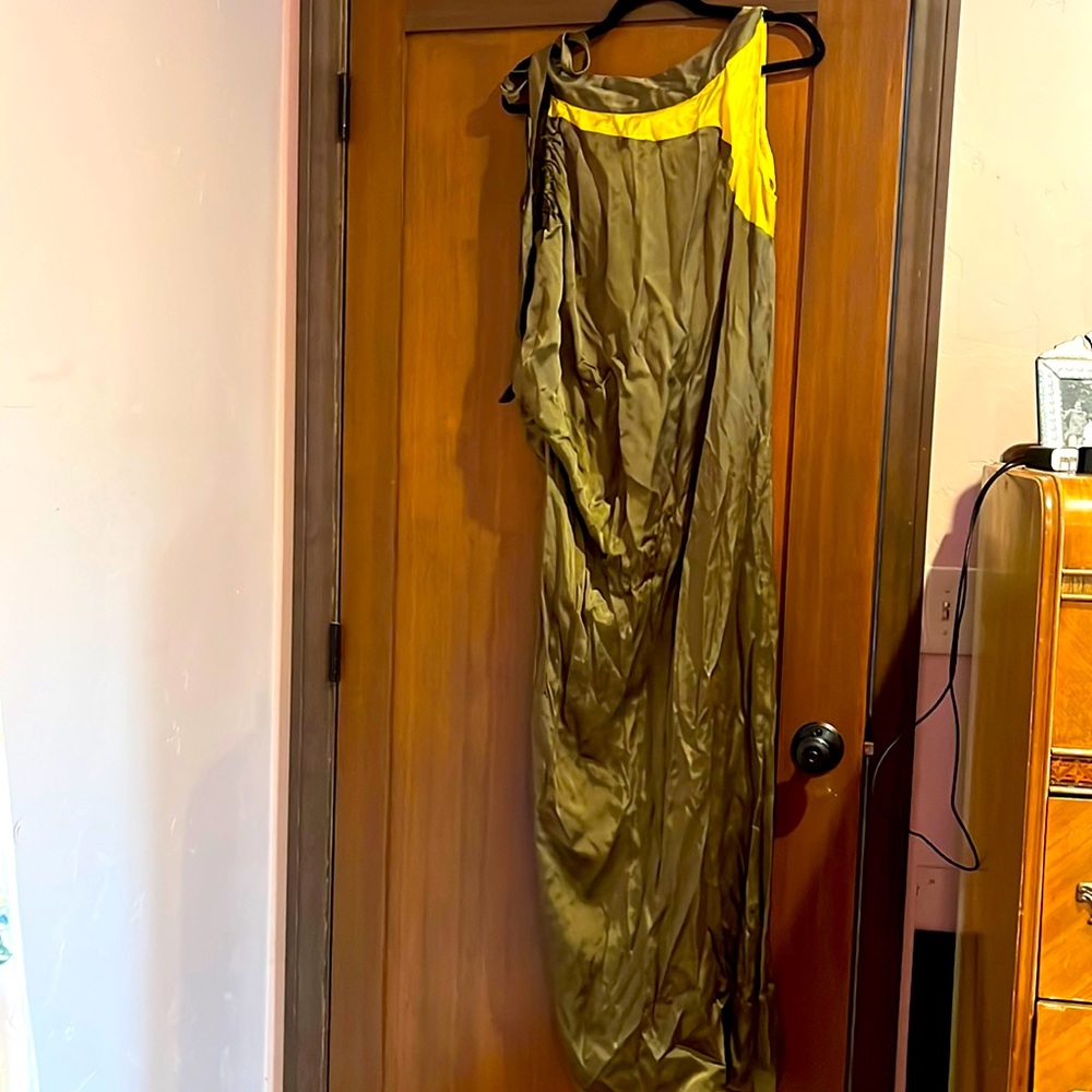 Vintage silk dress olive and golden yellow accent size medium